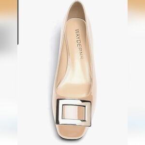 NWOT Patent Nude Gold Buckle Chunky Heels